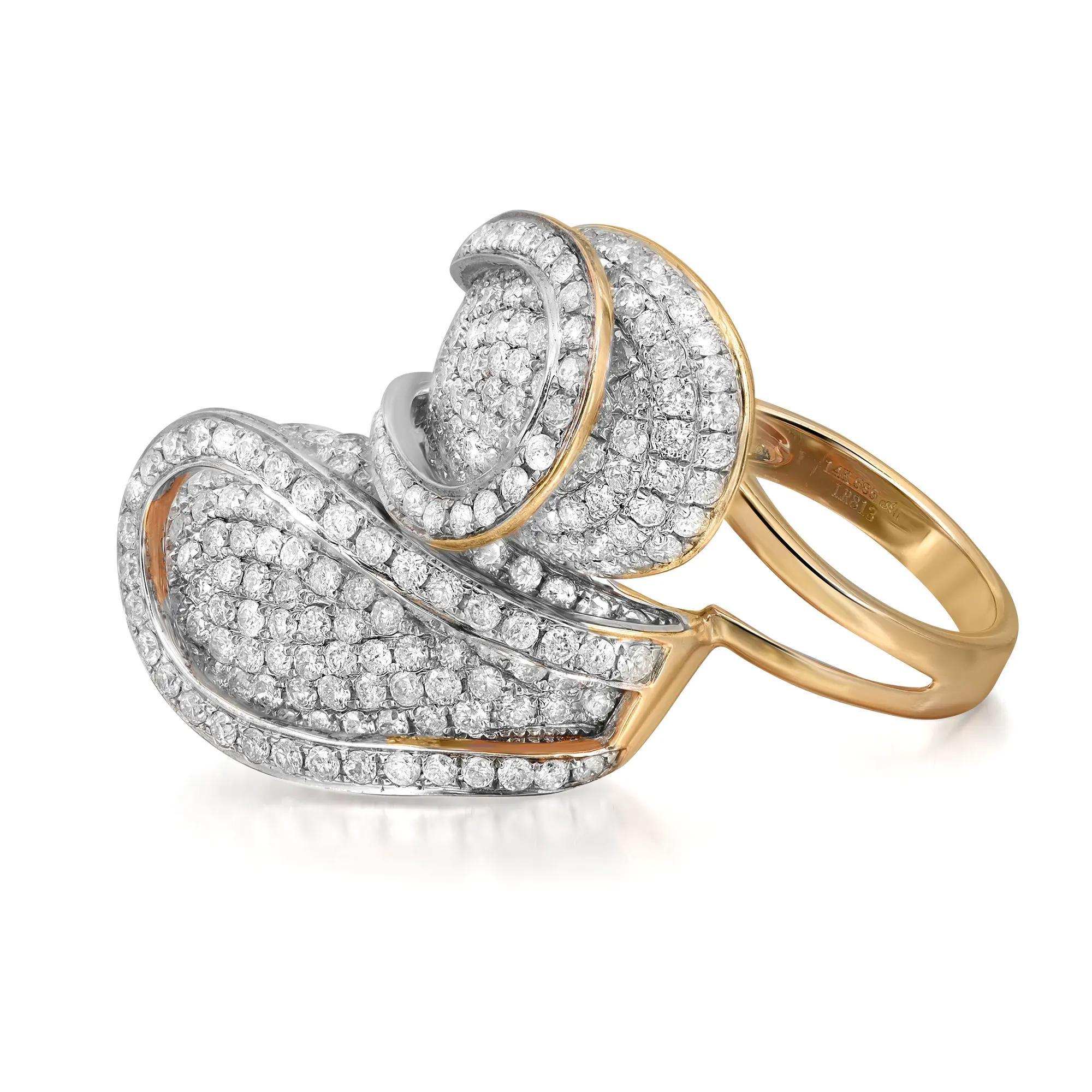 Dazzle away with this bold ladies cocktail ring. Crafted in 14k yellow gold. Showcasing prong set round brilliant cut diamonds weighing 3.30 carats. Diamond quality: I color and SI1 clarity. Ring size: 7.75. Total weight: 11.25 grams. This ring is