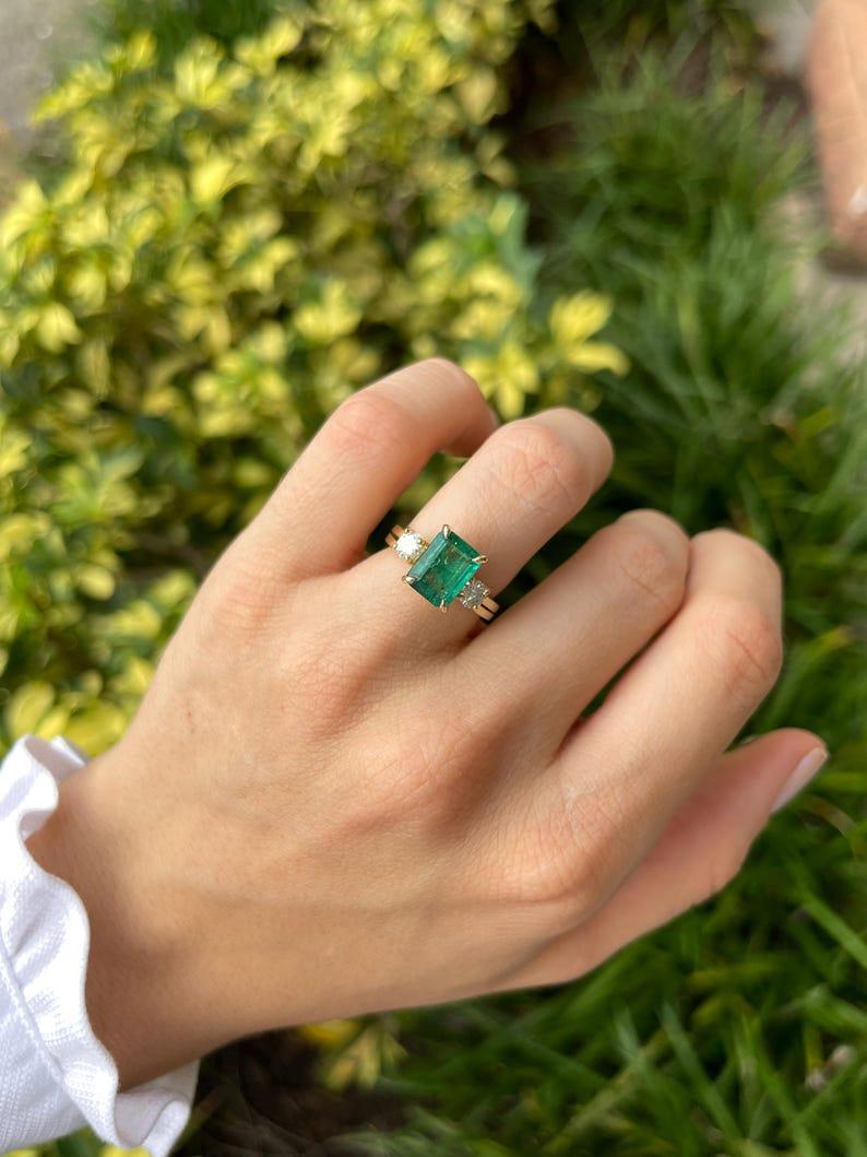 Emerald Cut 3.30tcw 14K Emerald & Diamond Three-Stone Ring Convertible Solitaire Engagement For Sale
