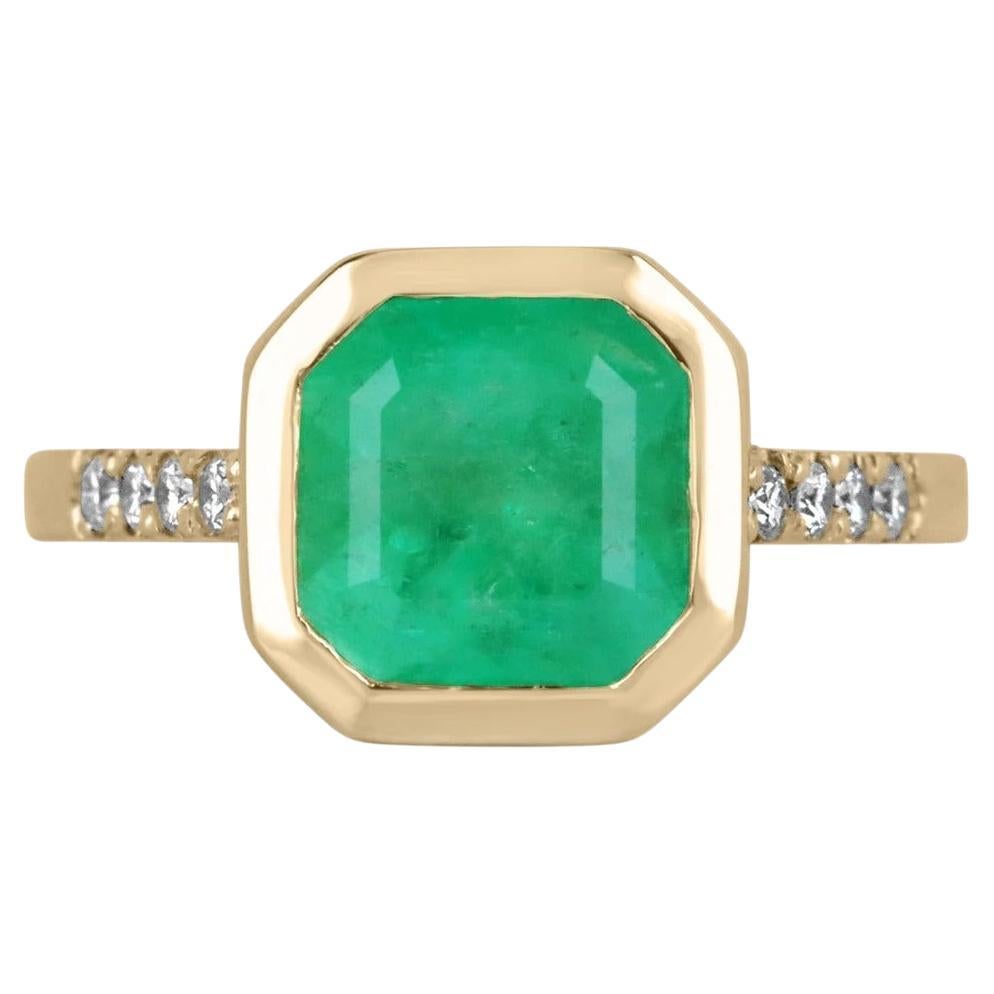 3.30tcw 18K Bezel Colombian Emerald Asscher & Diamond Accent Right Hand Ring