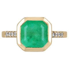 3.30tcw 18K Bezel Colombian Emerald Asscher & Diamond Accent Right Hand Ring