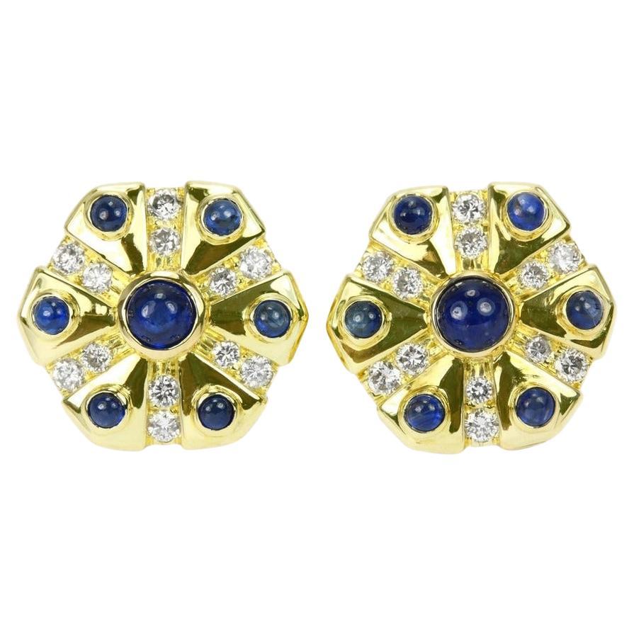 3.30tcw 18K Sapphire Cabochon Diamond Disc Stud Earrings Cab Sapphire Studs