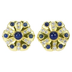 3.30tcw 18K Sapphire Cabochon Diamond Disc Stud Earrings Cab Sapphire Studs