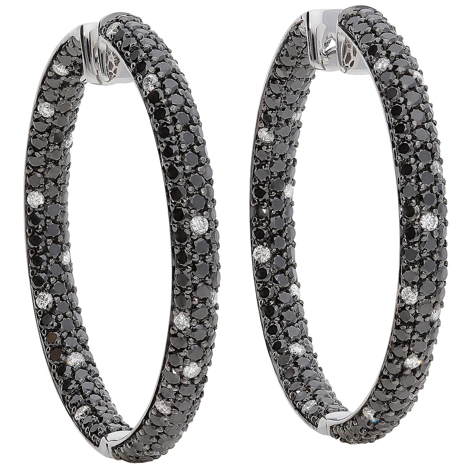 3.31 Black and 0.42 White GVS Diamonds 18 Karat White Gold Hoop Earrings For Sale