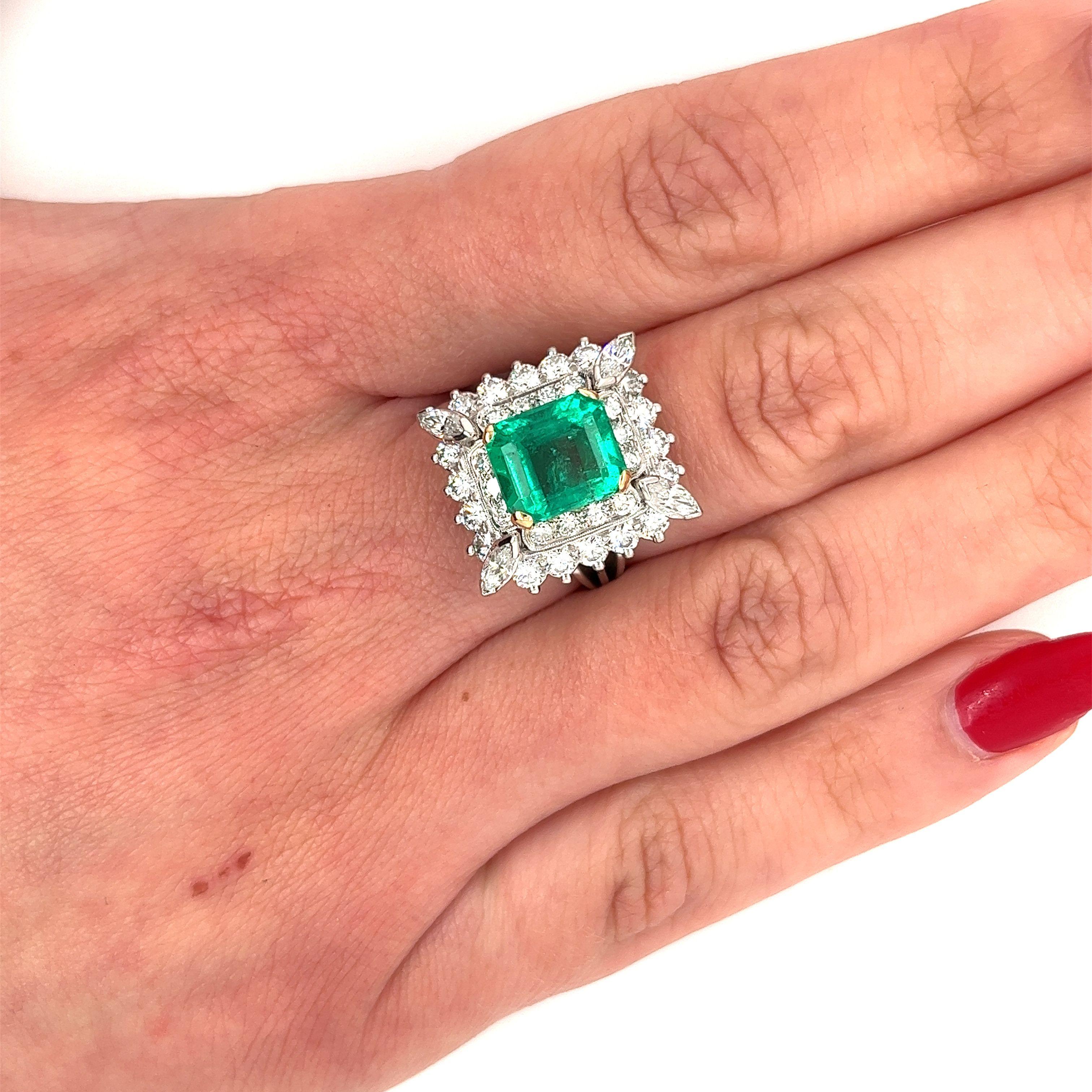 3.31 Carat Colombian Emerald & Diamond Halo Cocktail Ring in Platinum Setting For Sale 1