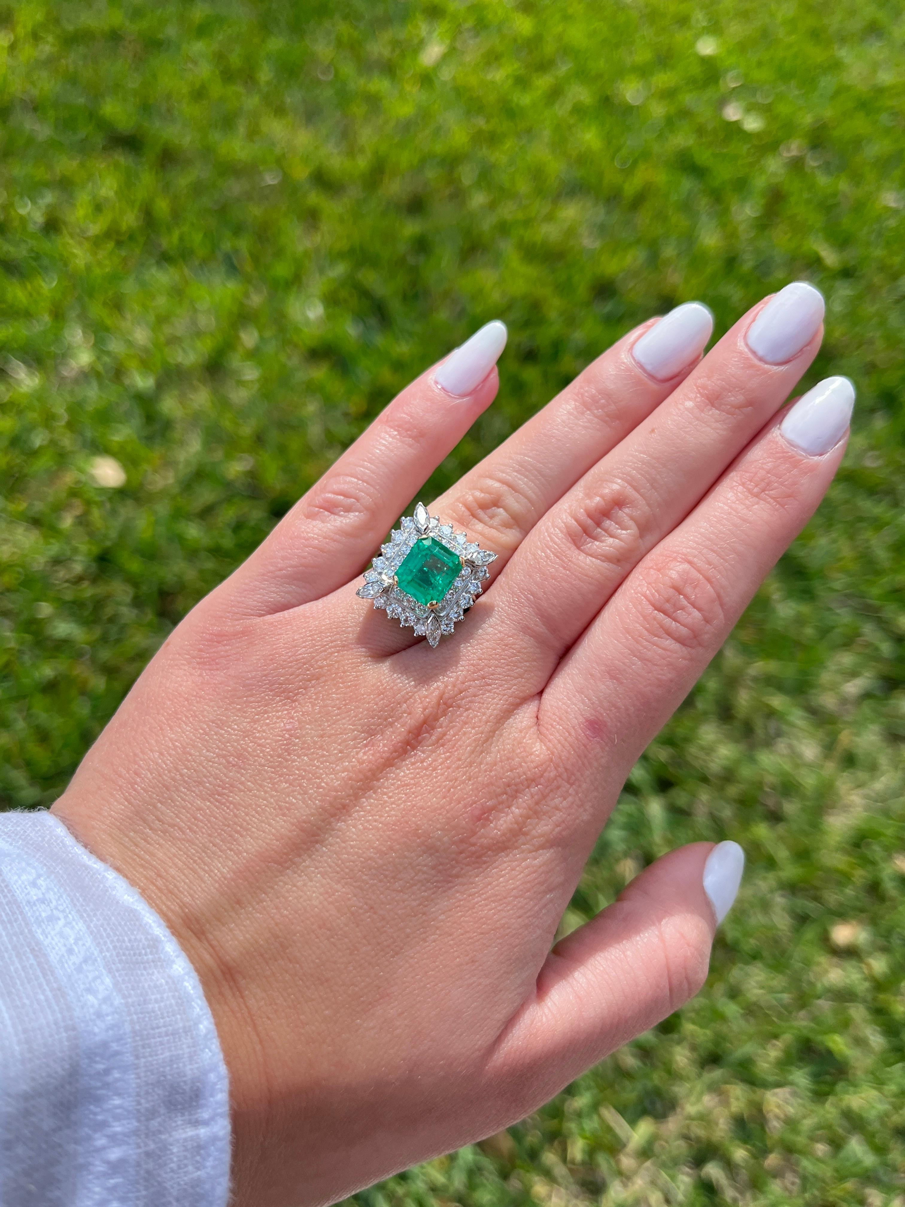 3.31 Carat Colombian Emerald & Diamond Halo Cocktail Ring in Platinum Setting For Sale 6