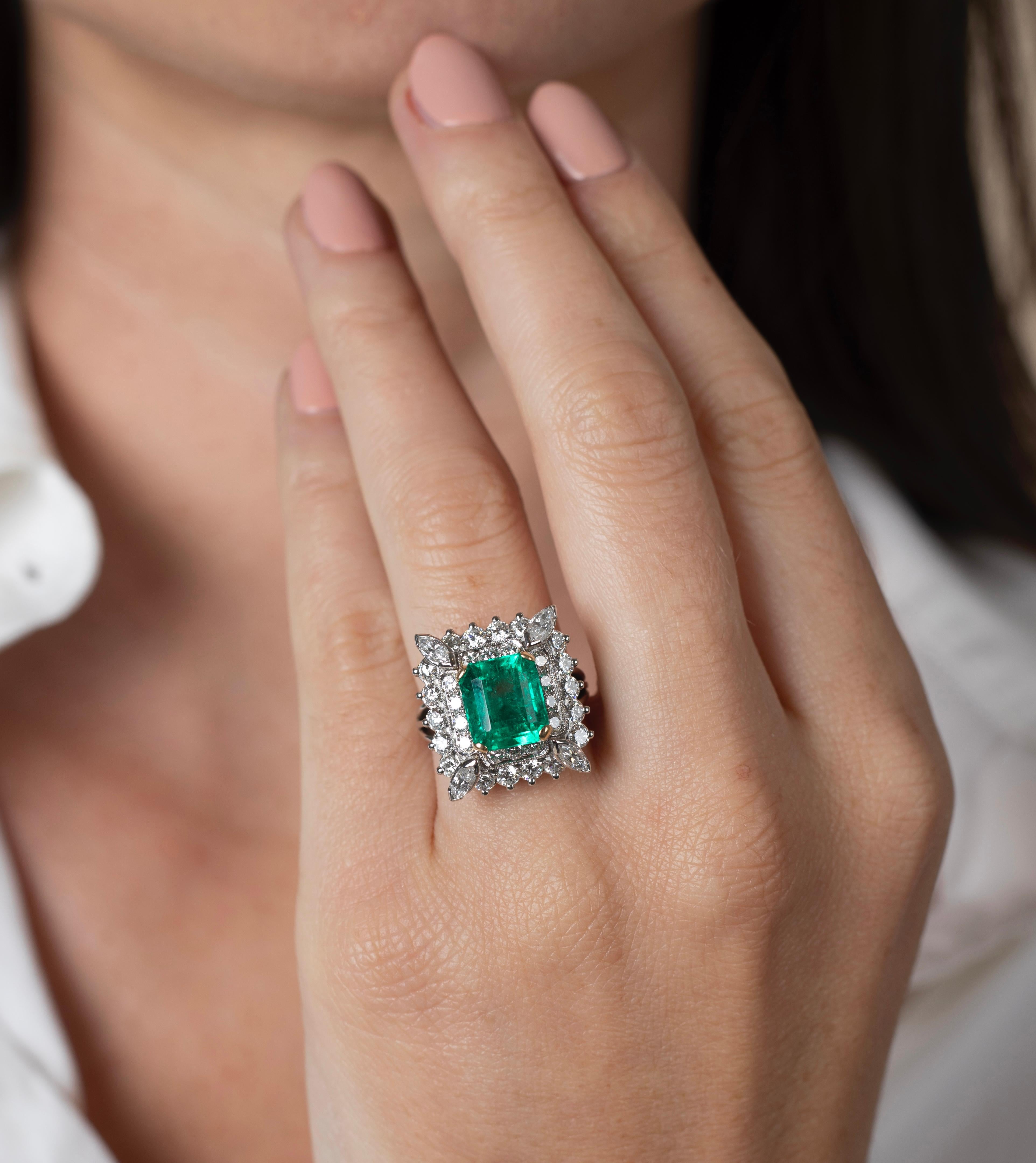 Emerald Cut 3.31 Carat Colombian Emerald & Diamond Halo Cocktail Ring in Platinum Setting For Sale