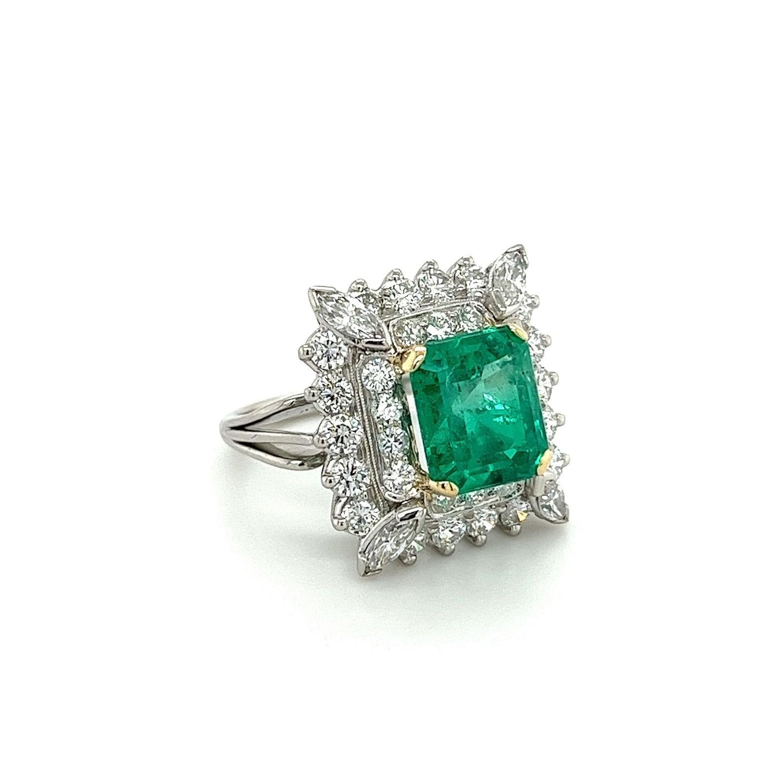 3.31 Carat Colombian Emerald & Diamond Halo Cocktail Ring in Platinum Setting For Sale 4