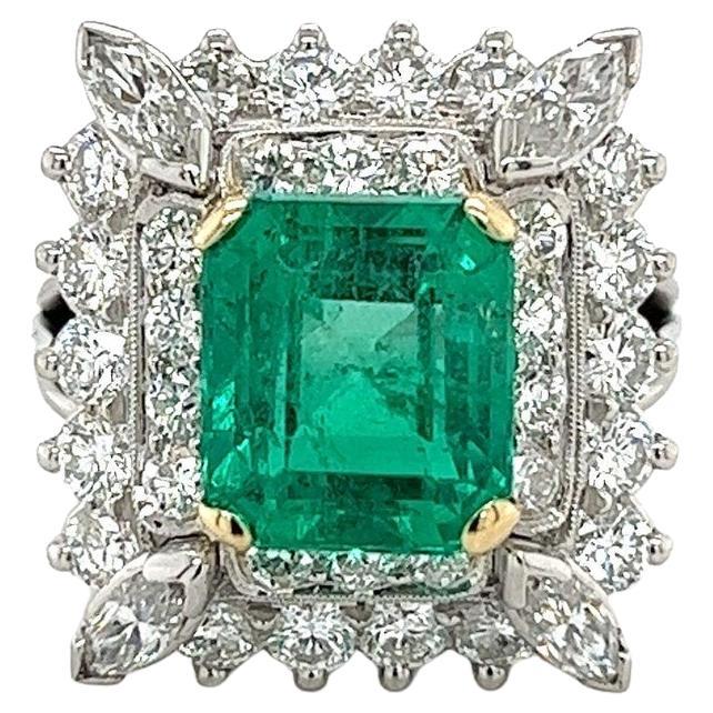 3.31 Carat Colombian Emerald & Diamond Halo Cocktail Ring in Platinum Setting