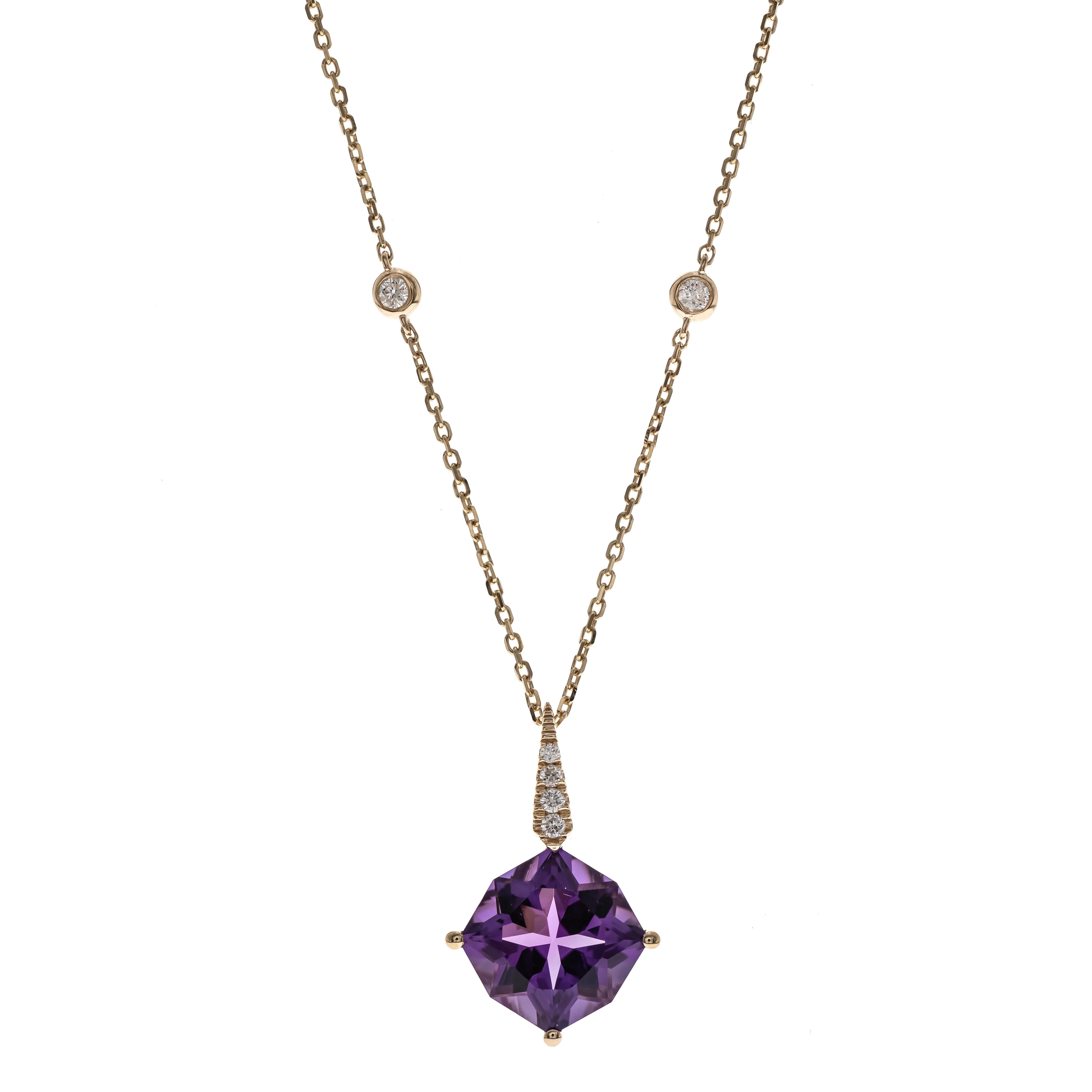 Decorate yourself in elegance with this Pendant is crafted from 14-karat Yellow Gold by Gin & Grace. This Pendant is made up of 10.0 mm Cushion-cut Amethyst (1 pcs) 3.31 carat and Round-cut White Diamond (6 Pcs) 0.09 Carat. This Pendant is weight