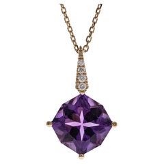 3.31 carat Cushion-cut Amethyst With Diamond accents 14K Yellow Gold Pendant.