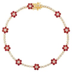 Pulsera de oro amarillo de 14K con diamantes naturales de 3,31 quilates y una flor de rubíes