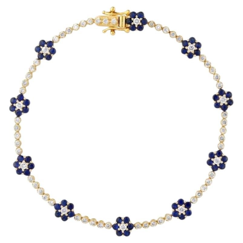 3.31 Carat Natural Diamond and Sapphire Flower Bracelet 14K Yellow Gold