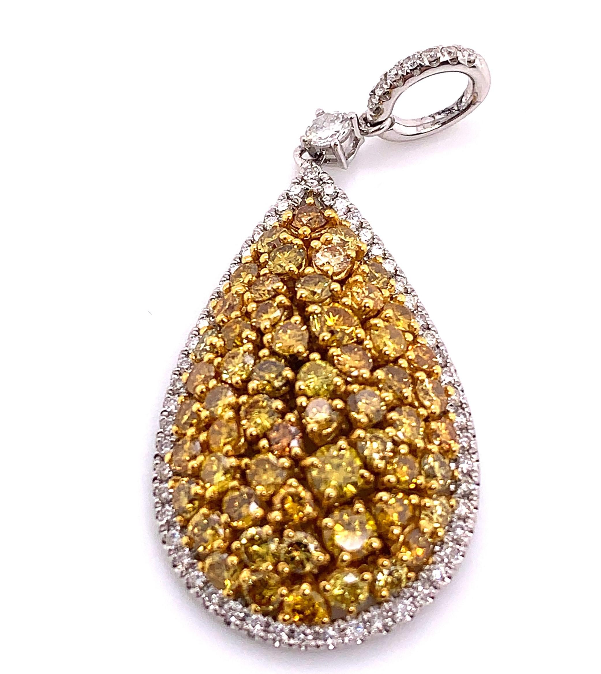 Round Cut GIA Certified 3.31 Carat Natural Yellow Diamond Pear Shape, Drop Pendant