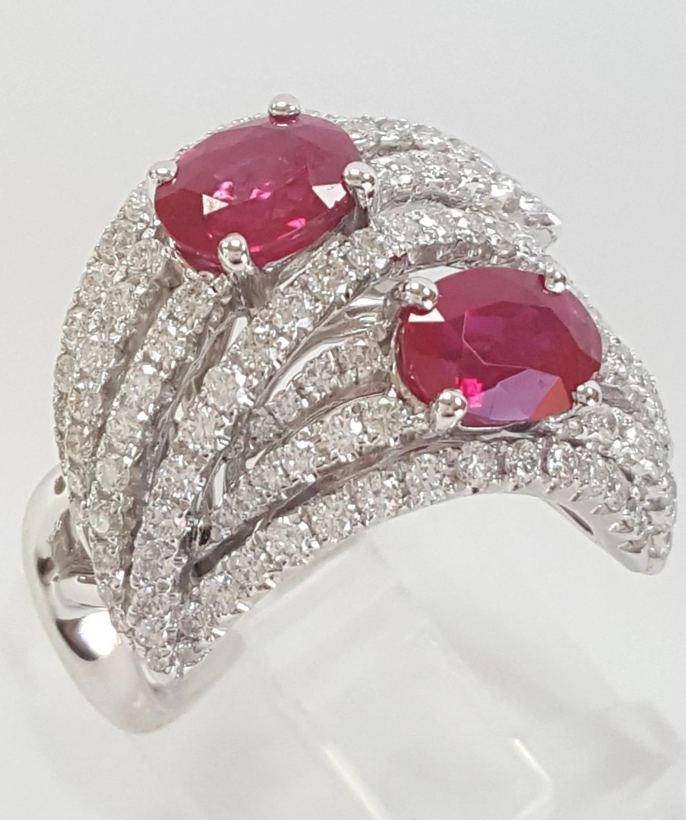 Contemporary 3.31 Carat Oval Ruby & Diamond Statement Ring in 18K White Gold For Sale