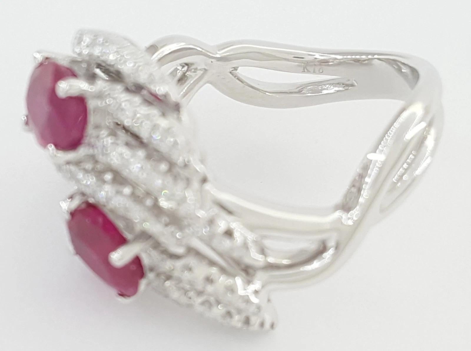 Baguette Cut 3.31 Carat Oval Ruby & Diamond Statement Ring in 18K White Gold For Sale