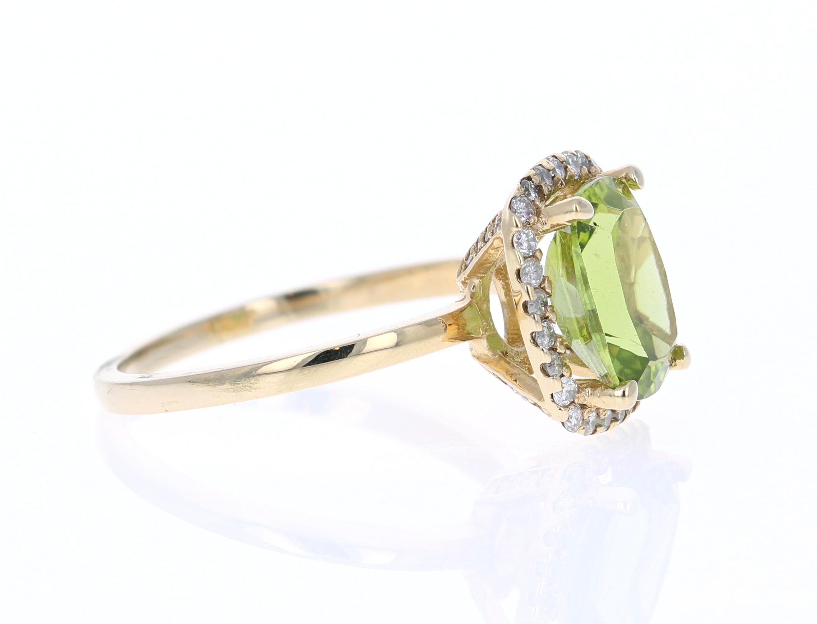 This beautiful ring has a Peridot in the center that weighs 2.97 Carats. The ring is surrounded by a gorgeous halo of 42 Round Cut Diamonds that weigh 0.34 carats. The total carat weight of the ring is 3.31 carats. 

The setting is crafted in 14K