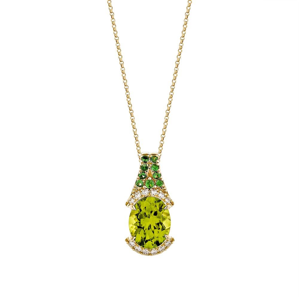 Oval Cut 3.31 Carat Peridot Pendant in 18Karat Yellow Gold with Tsavorite and Diamond. For Sale