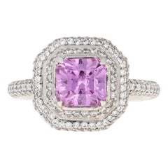 3.31 Carat Pink Sapphire and Diamond Halo Ring, 18 Karat White Gold