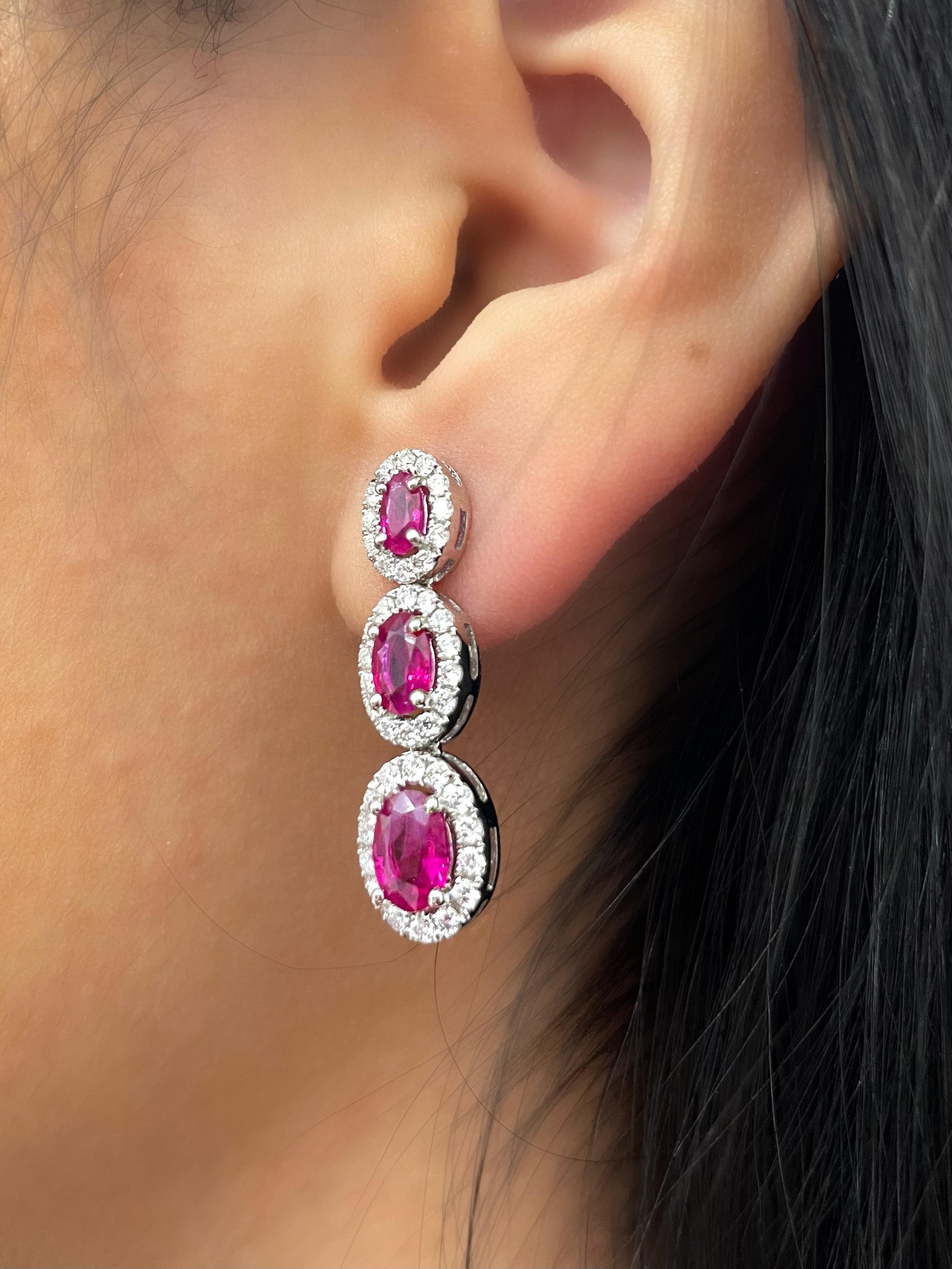 Oval Cut 4.54 ct Natural Ruby & Diamond Earrings For Sale