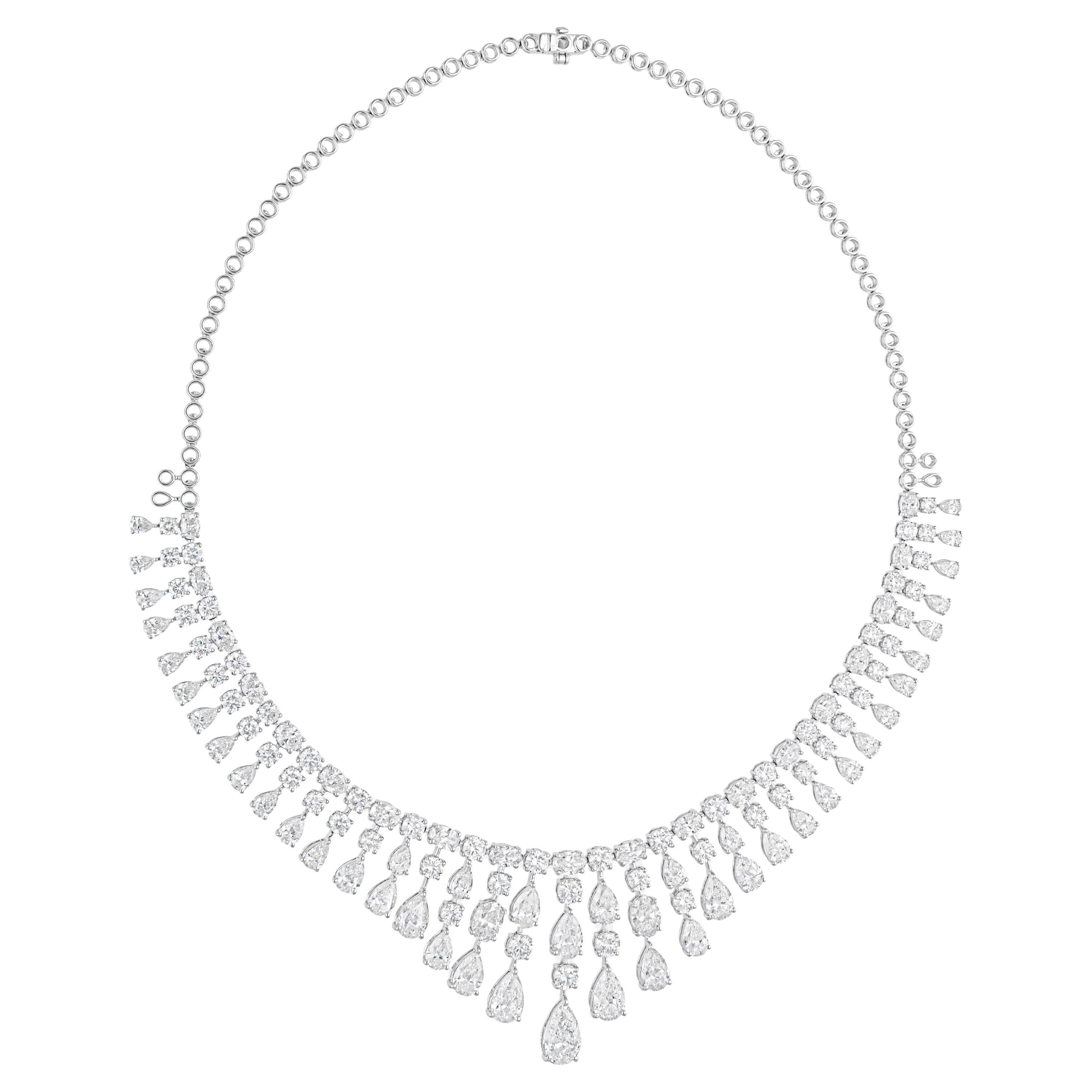 33.12 Carat SI Clarity HI Color Pear Round Diamond Necklace 18 Karat White Gold