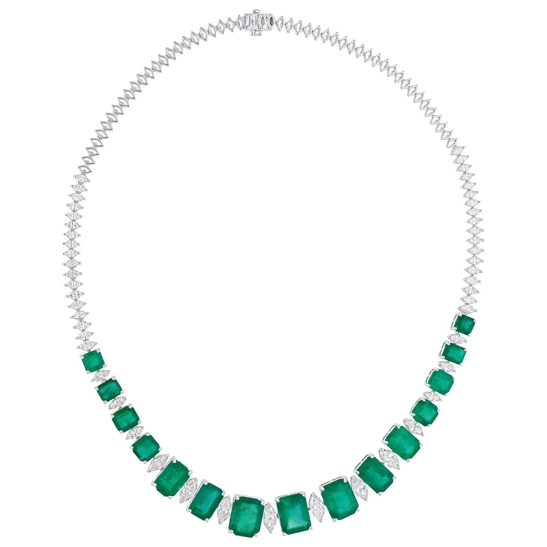 33.12 Carat Zambian Emerald Necklace 6.78 Carat SI/H Diamond 14 Karat White Gold