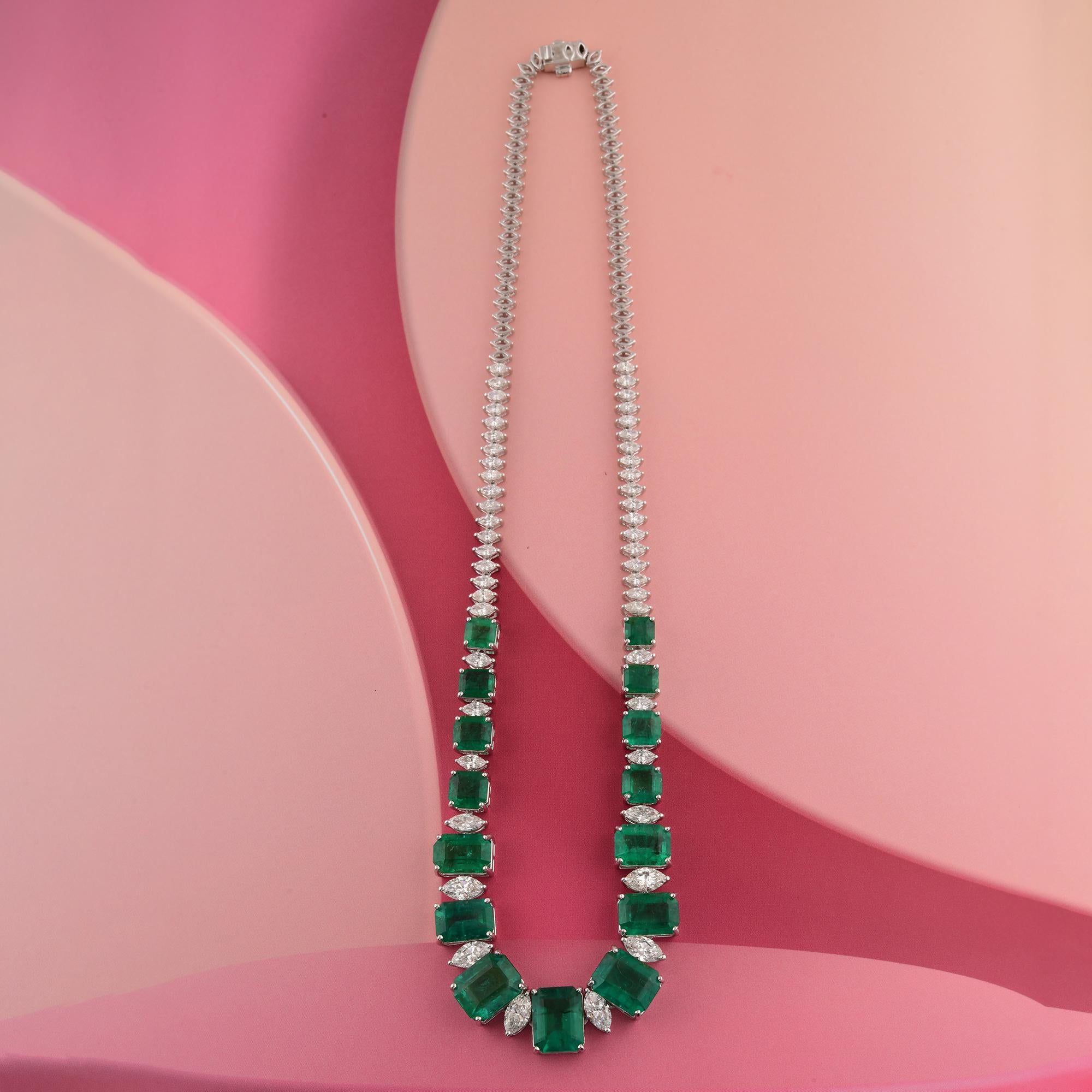 Emerald Cut 33.12 Carat Zambian Emerald Necklace 6.78 Carat SI/H Diamond 18 Karat White Gold For Sale