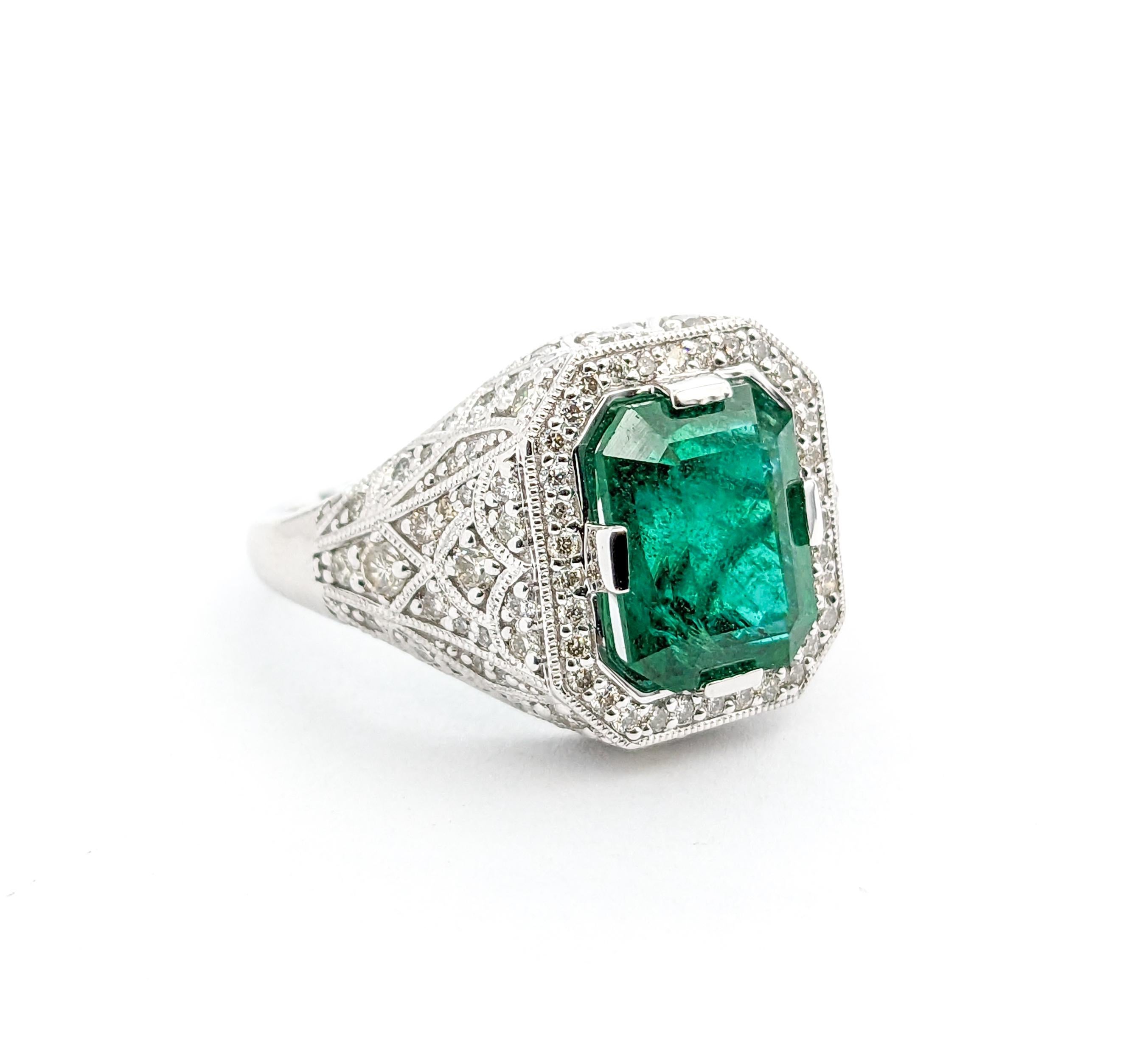 Emerald Cut 3.31ct Emerald & Diamonds Ring In Platinum For Sale