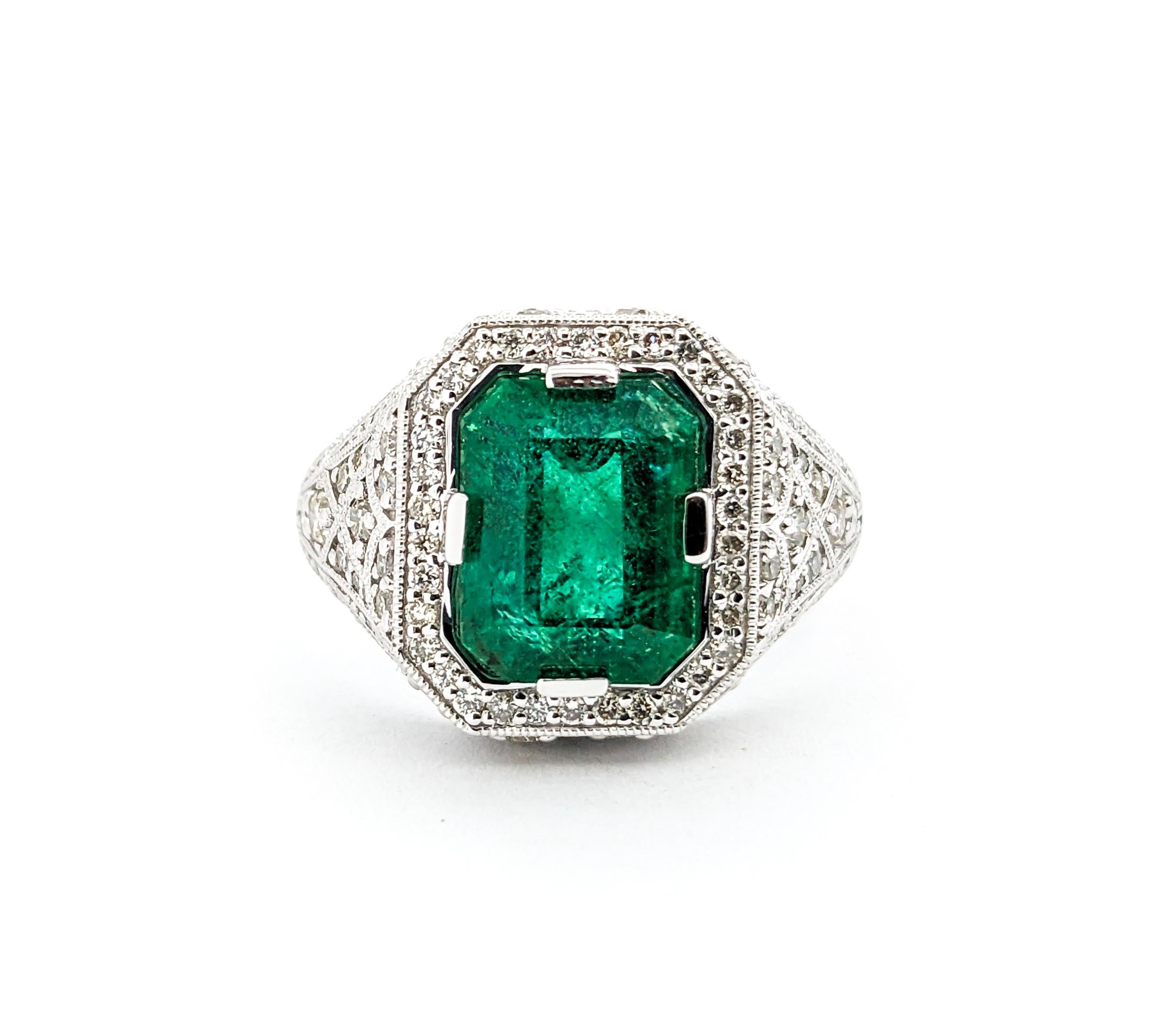 3.31ct Emerald & Diamonds Ring In Platinum For Sale 2