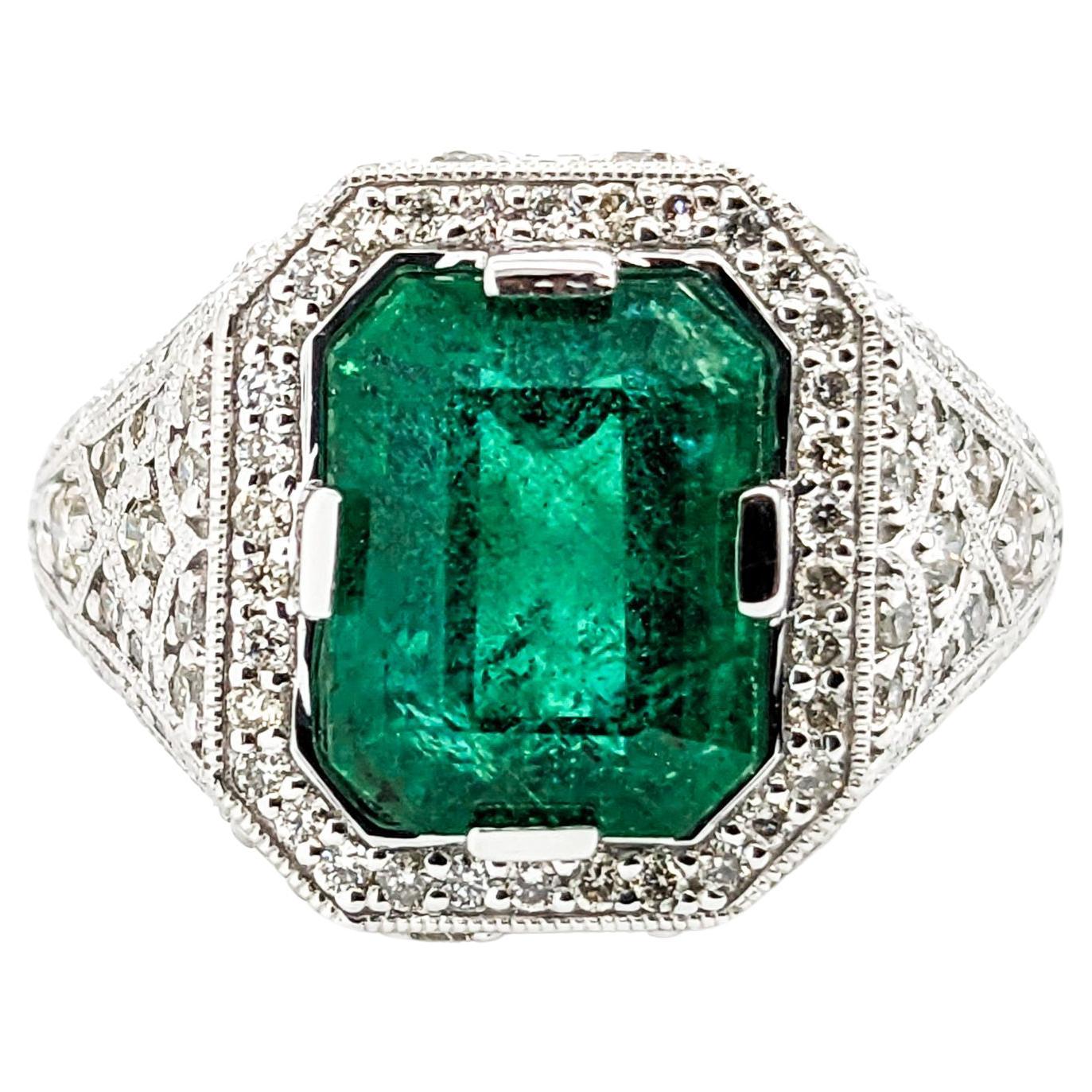 3.31ct Emerald & Diamonds Ring In Platinum For Sale