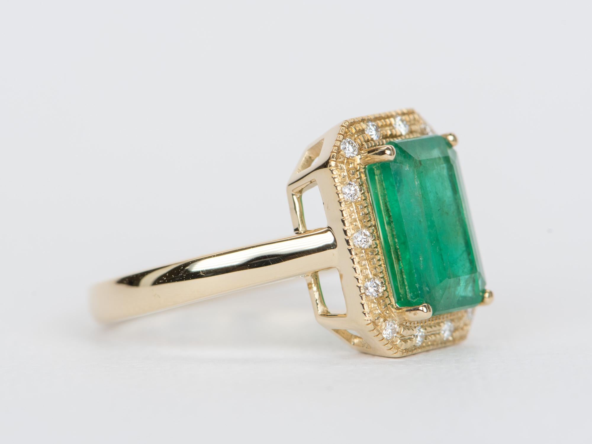 Emerald Cut 3.31ct Emerald with Diamond Halo 14K Yellow Gold Ring R6359 For Sale
