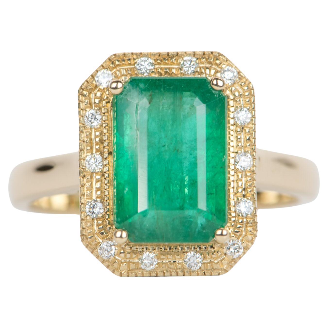 3.31ct Emerald with Diamond Halo 14K Yellow Gold Ring R6359 For Sale