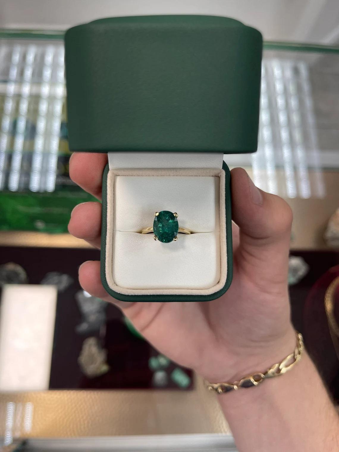 3.31cts 14K Natural Oval Cut Emerald Solitaire Four Prong Yellow Gold Ring For Sale 3