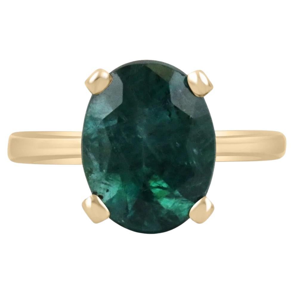 3.31cts 14K Natural Oval Cut Emerald Solitaire Four Prong Yellow Gold Ring For Sale