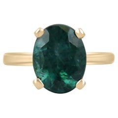 3.31cts 14K Natural Oval Cut Emerald Solitaire Four Prong Yellow Gold Ring