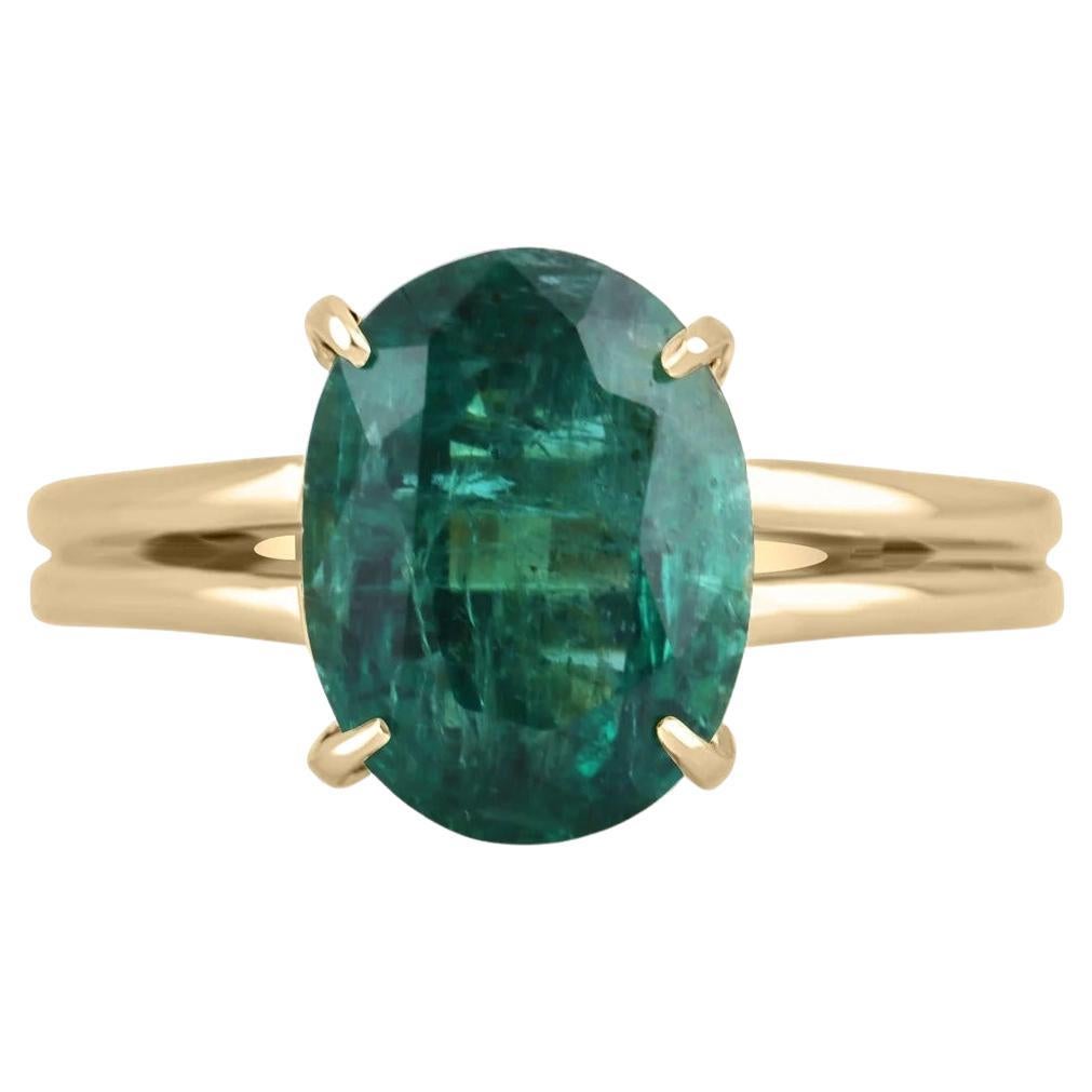 3.31cts 14K Natural Oval Cut Emerald Solitaire Solid Gold Split Shank Prong Ring For Sale