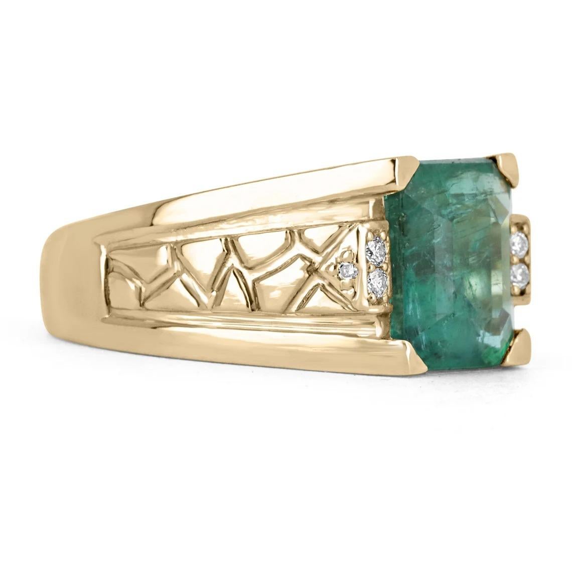 Featured is a stunning natural emerald and diamond accent men's ring. The center stone carries a full 3.25-carat, natural Zambian emerald with remarkable qualities. Prong set in a exquisite 14K yellow gold setting, with two petite diamonds accenting