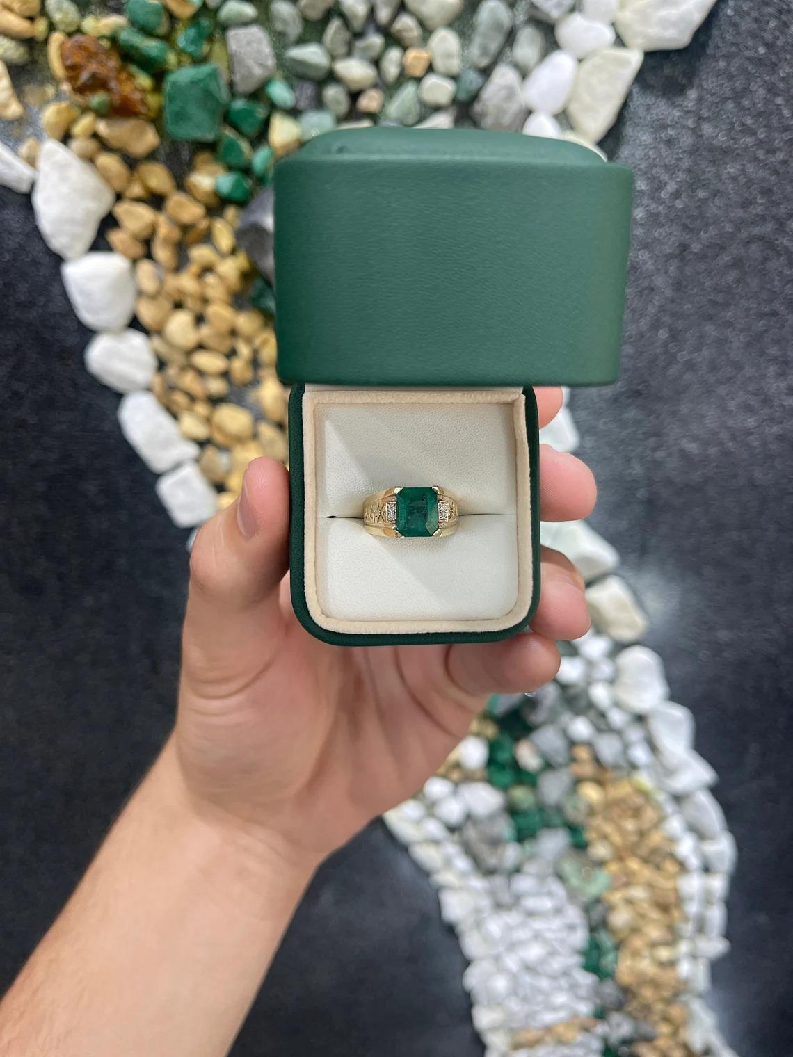Modern 3.31tcw 14K Natural Emerald-Emerald Cut & Diamond Accent Men's Statement Ring For Sale