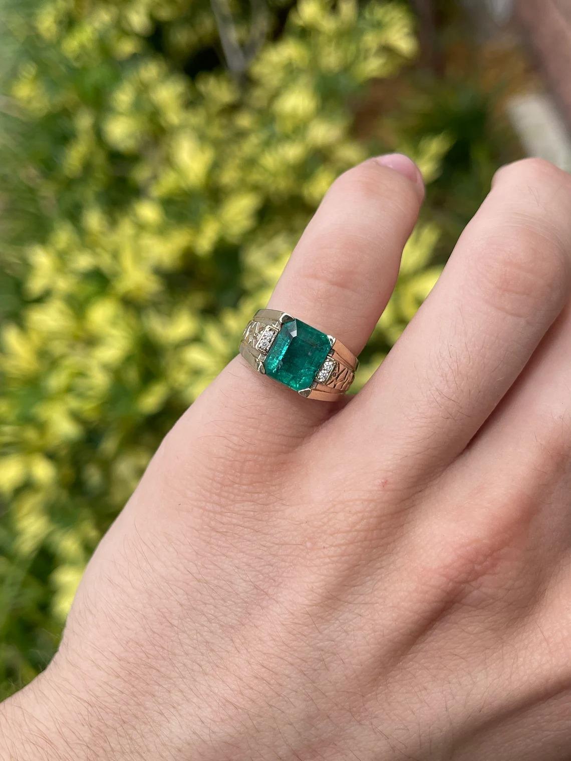 3.31tcw 14K Natural Emerald-Emerald Cut & Diamond Accent Men's Statement Ring For Sale 1