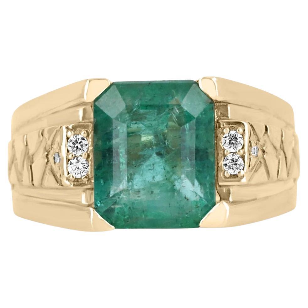 3.31tcw 14K Bague d'homme en forme d'émeraude naturelle, taille d'émeraude et accent de diamant
