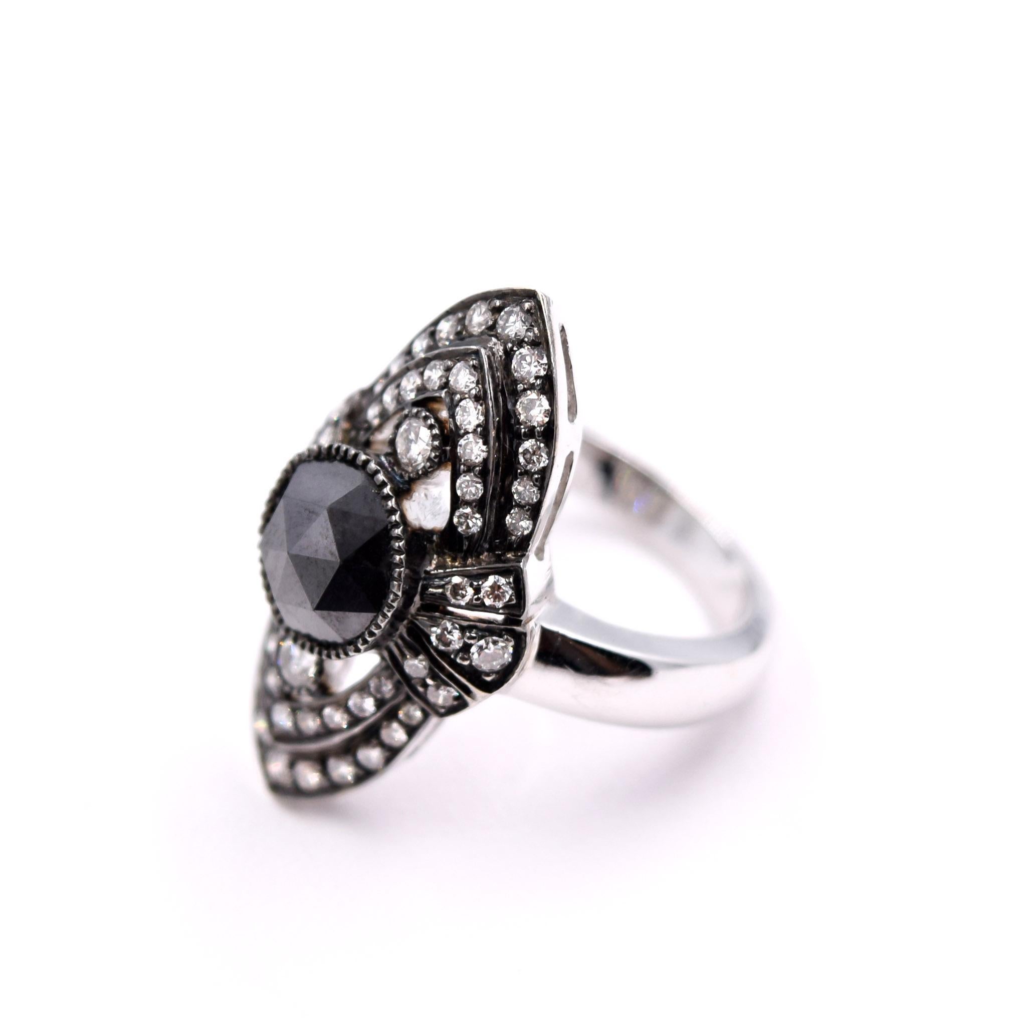Contemporary 3.32 Carat Black Diamond Cocktail Ring in 18 Karat White Gold and Rhodium For Sale