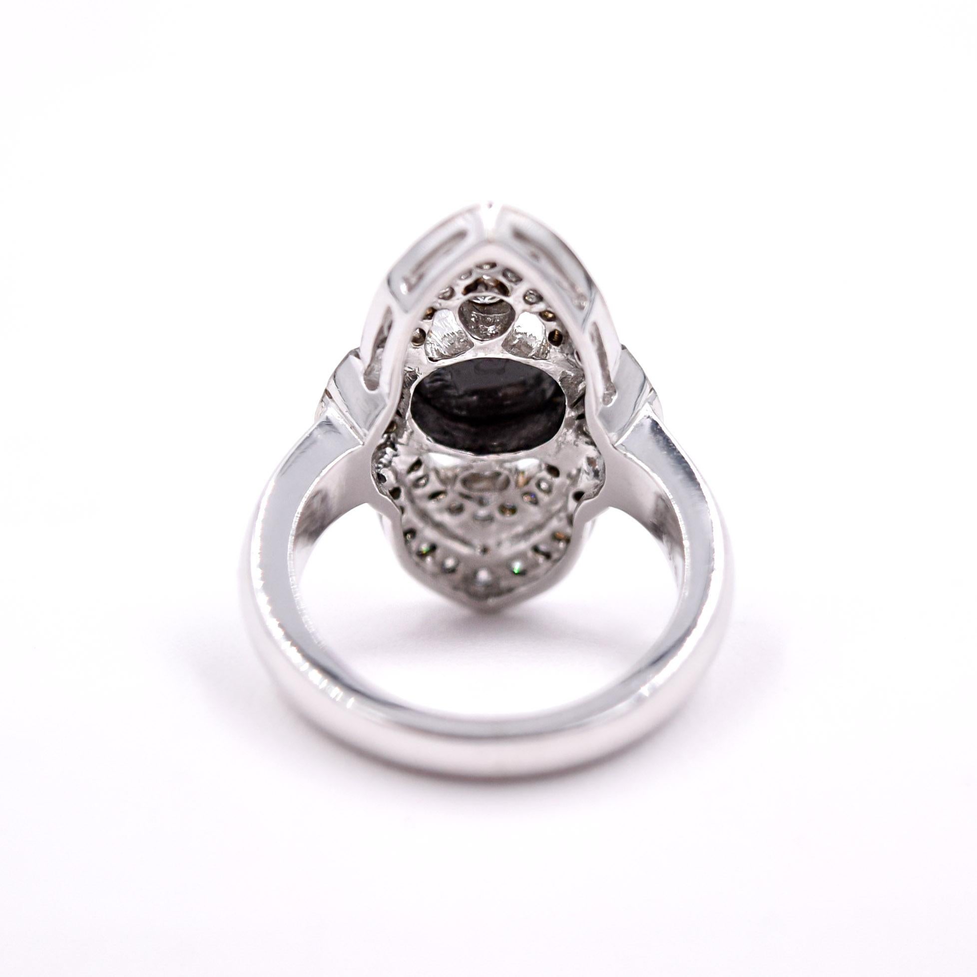 Rose Cut 3.32 Carat Black Diamond Cocktail Ring in 18 Karat White Gold and Rhodium For Sale