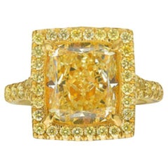 3.32 Carat Cushion Halo Diamond Ring Fancy Yellow 14K White Gold