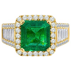 3.32 Carat Emerald and Diamond Art Deco Ring in 18KT Yellow Gold