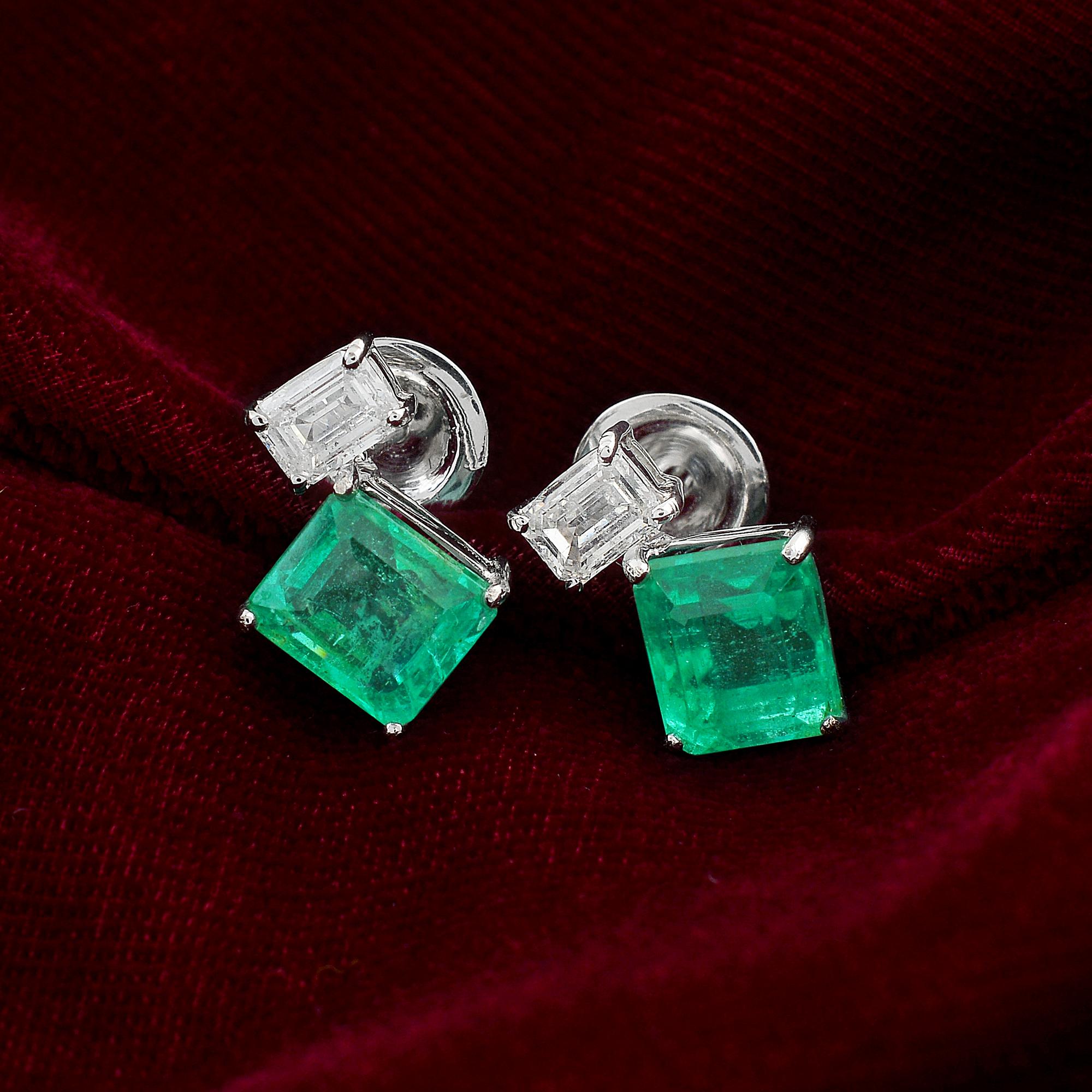 Modern 3.32 Carat Emerald Stud Earrings 0.60 Carat Diamond 14k White Gold Fine Jewelry For Sale