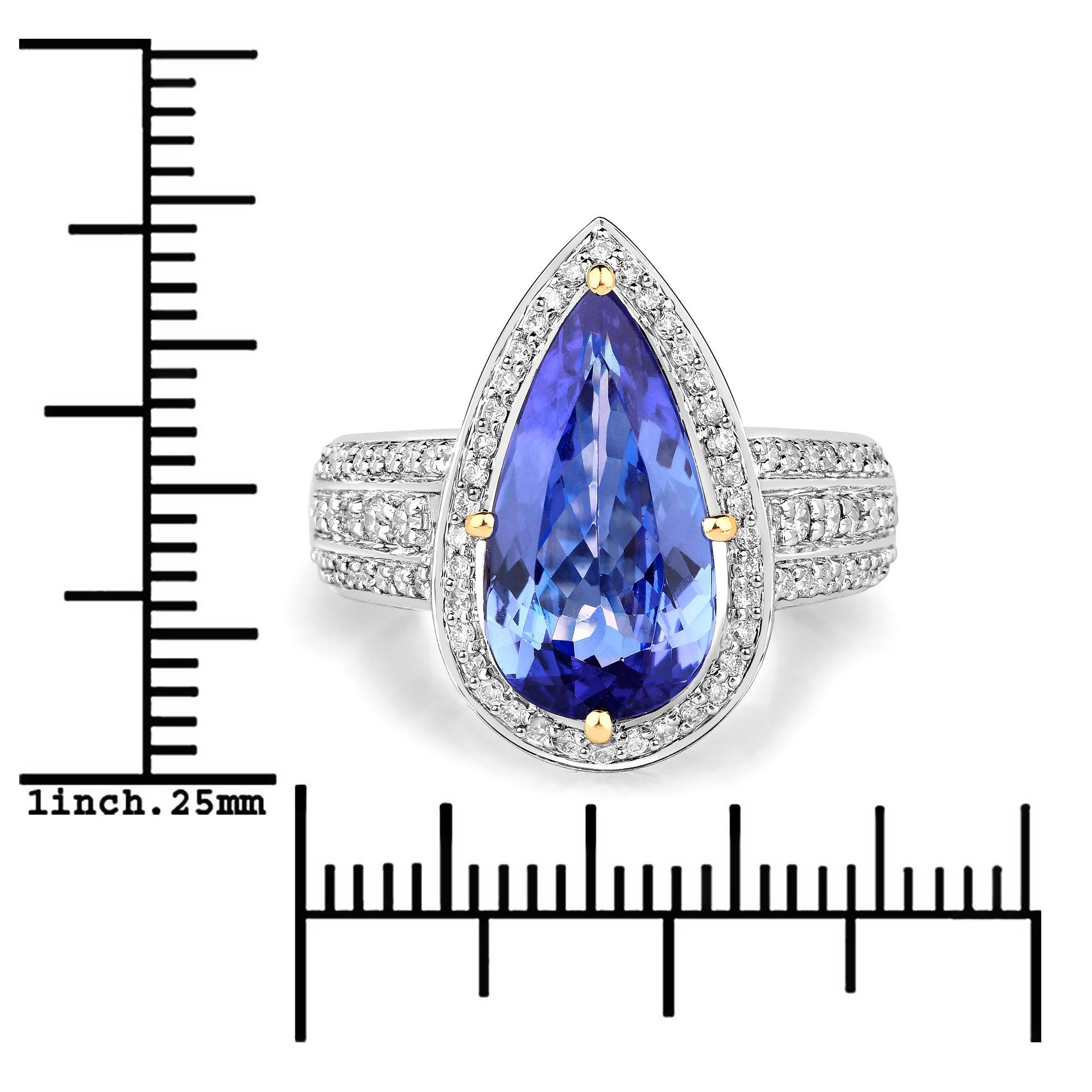 3.32 Carat Genuine Tanzanite and White Diamond 14 Karat Yellow Gold Ring In New Condition In Great Neck, NY
