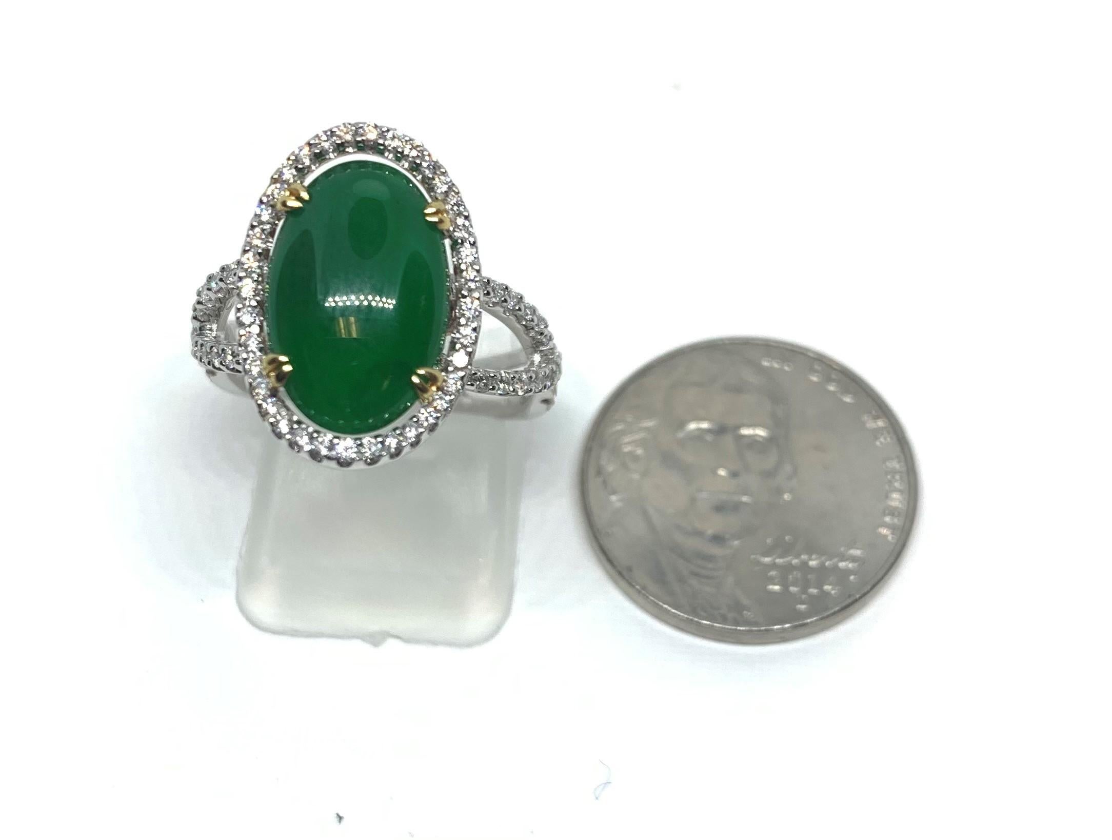 GIA Certified 3.32 Carat Imperial Jadeite and Diamond Ring in 18k White Gold For Sale 1