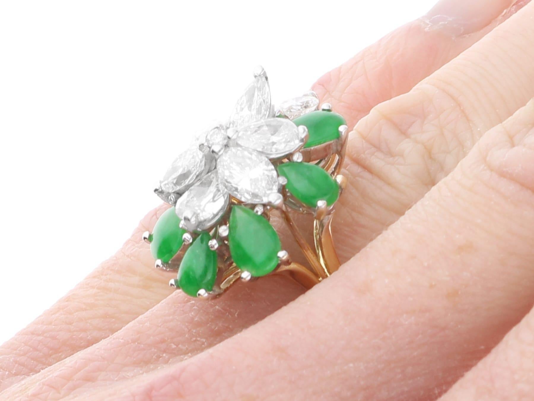 3.32 Carat Jadeite and 4.10 Carat Diamond, 18k Yellow Gold Floral Cocktail Ring For Sale 5
