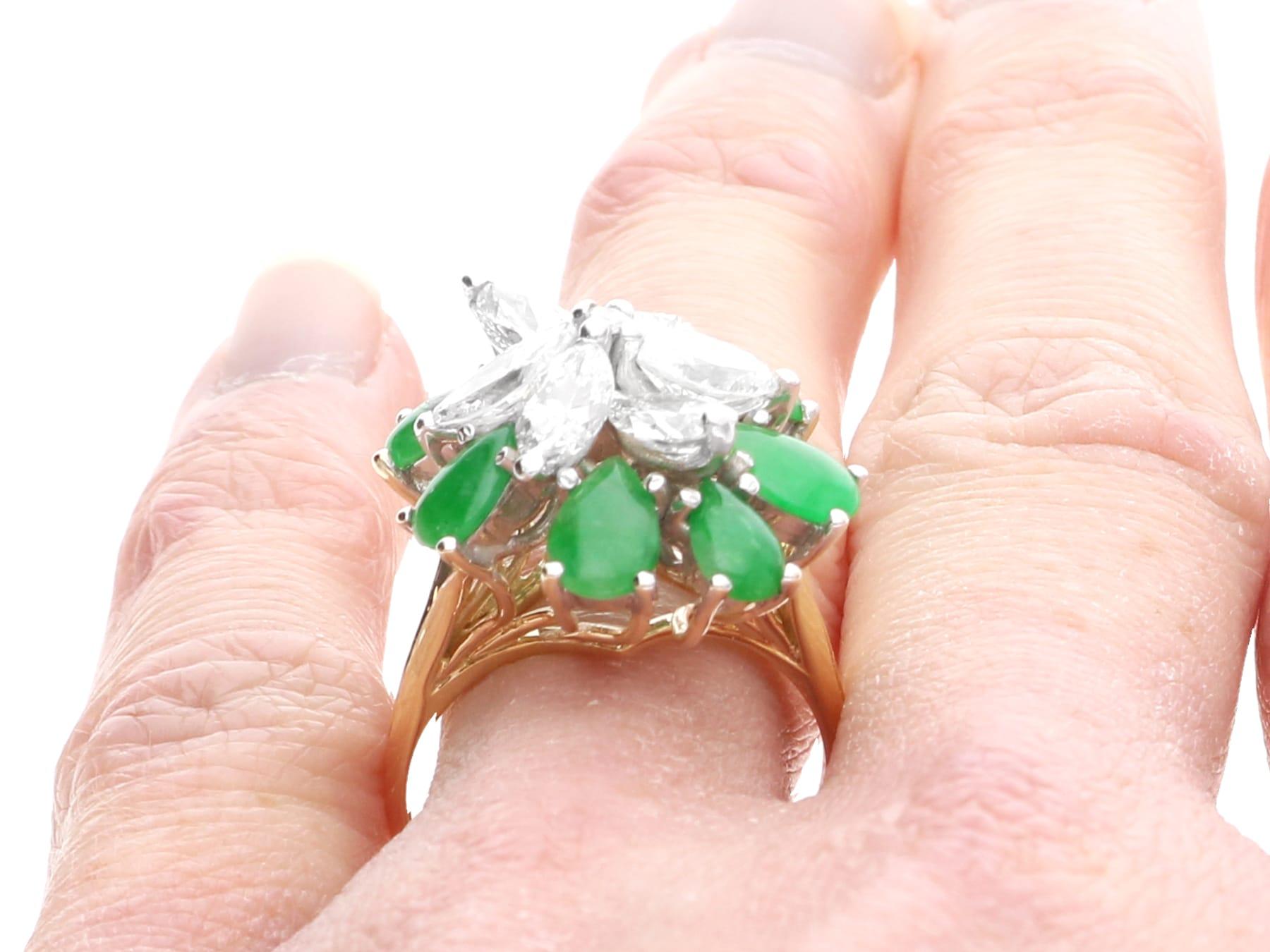 3.32 Carat Jadeite and 4.10 Carat Diamond, 18k Yellow Gold Floral Cocktail Ring For Sale 6