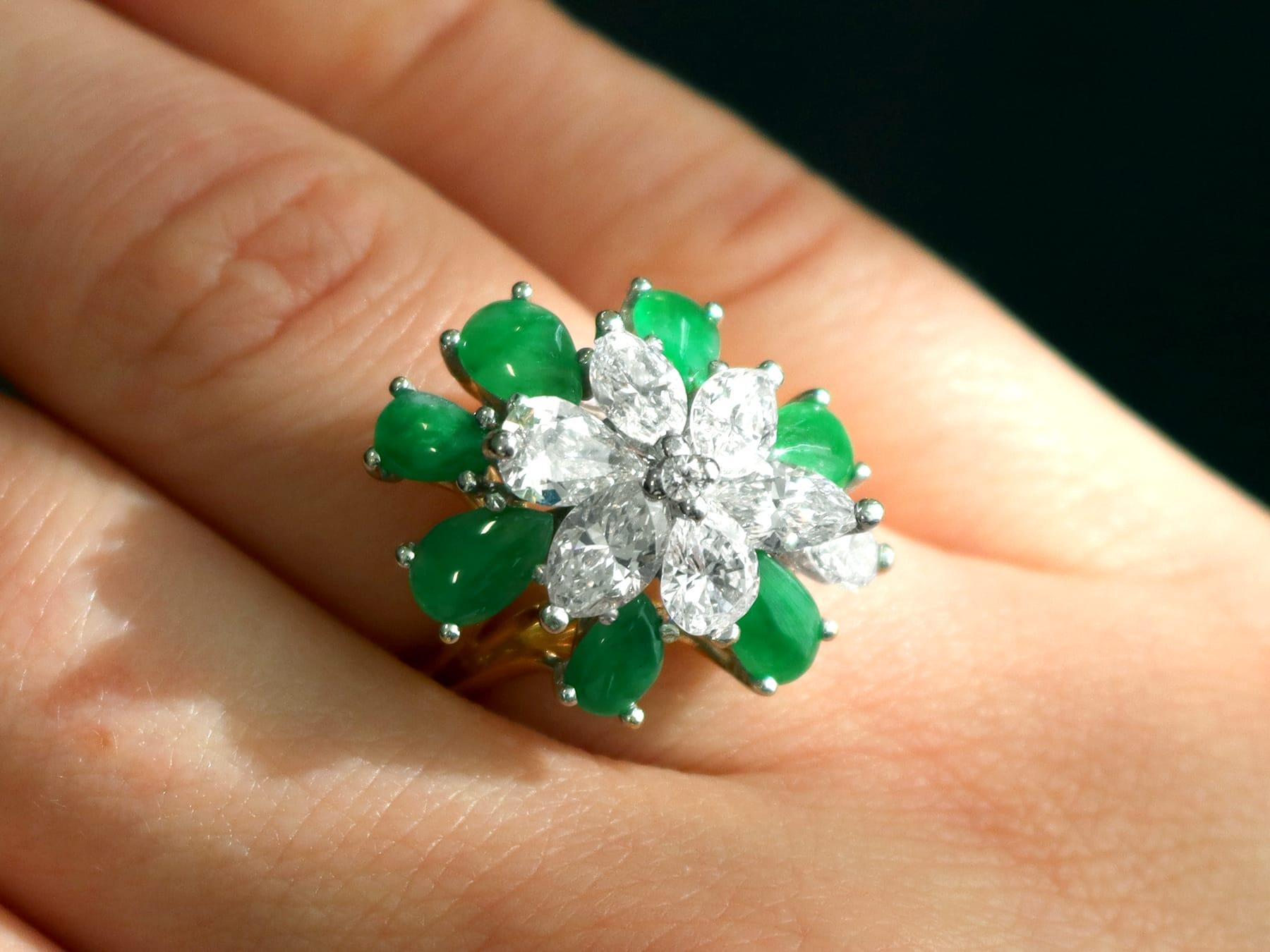 Cabochon 3.32 Carat Jadeite and 4.10 Carat Diamond, 18k Yellow Gold Floral Cocktail Ring For Sale