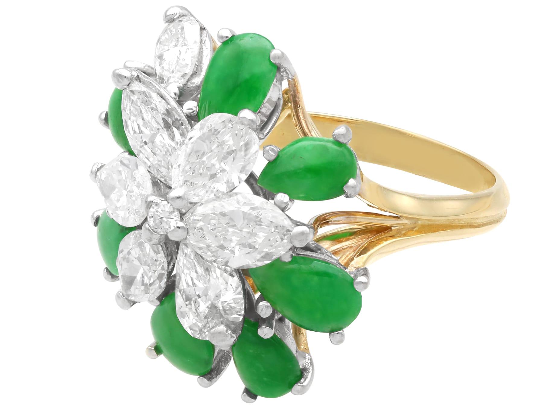 Women's or Men's 3.32 Carat Jadeite and 4.10 Carat Diamond, 18k Yellow Gold Floral Cocktail Ring For Sale